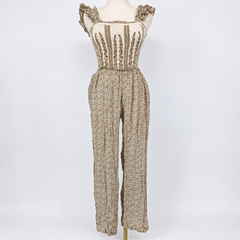 Sim & Sam Cottagecore Floral Jumpsuit XS Sage Green Smock Bodice Boho Prairie